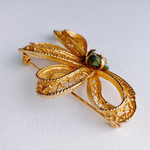 VTG Mid Century Bow Brooch Gold Filigree Green Cabochon Stone 1960s Jewelry - Picture 4 of 10